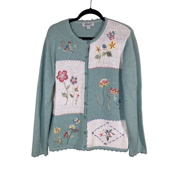 Haband Sweaters - Vintage Knit Sweater L Green Patchwork Embroidery Retro Boho Classic Preppy 80s